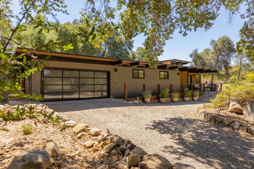 4210 Grand Avenue, Ojai — restored mid-century home exterior under the oaks
